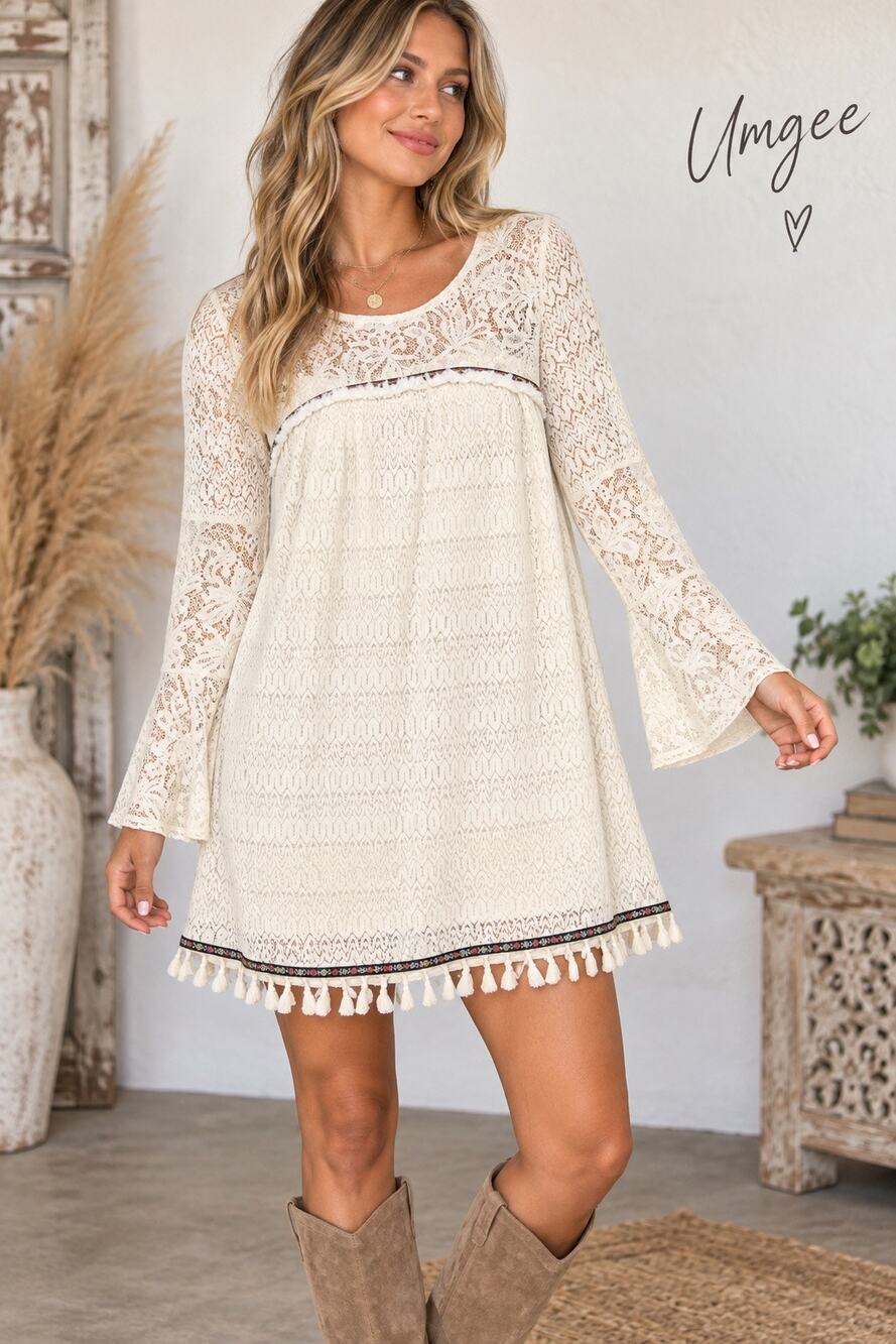 Umgee Lace Sleeve Boho Dress with tassels size Medium